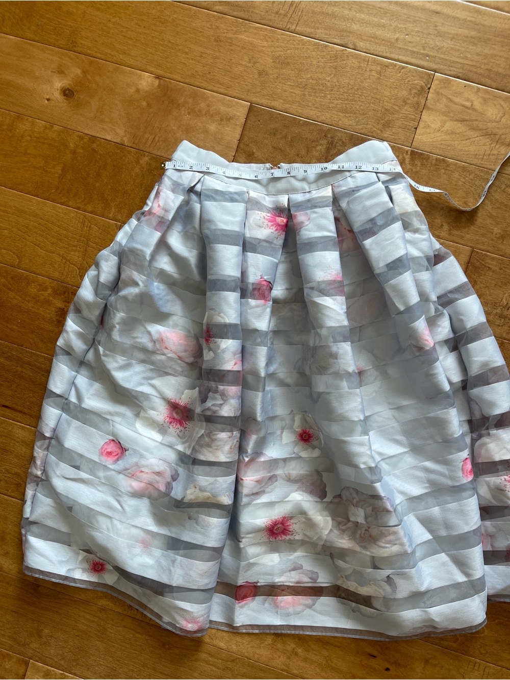 Ted Baker Gray Striped A-Line Skirt with Pink Floral Accents
